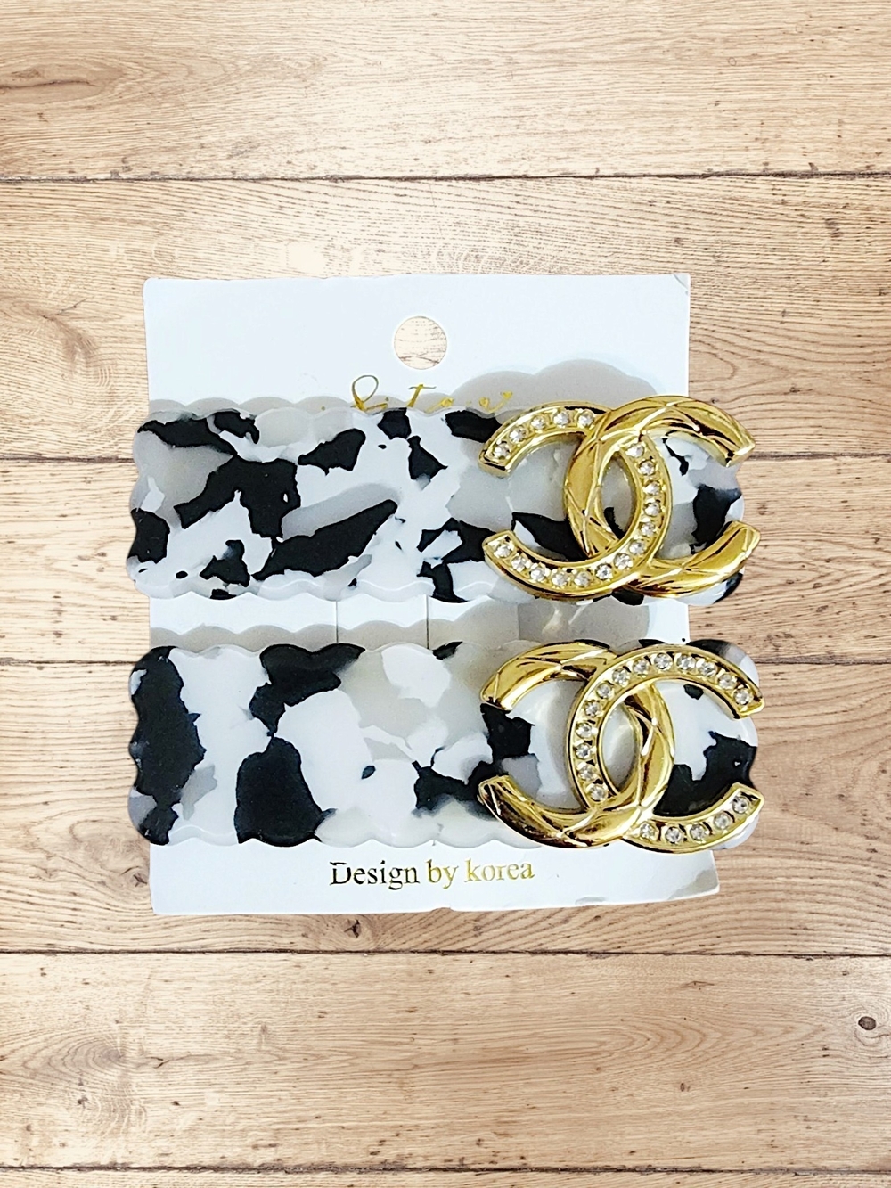 Gold-Tone Crystal Interlocking Hair Clips - Black & White Pattern